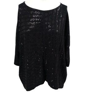 Clara Sun Woo Drop Sleeve Metallic Sequin Black Blouse Size L Shirt 3/4 Sleeve